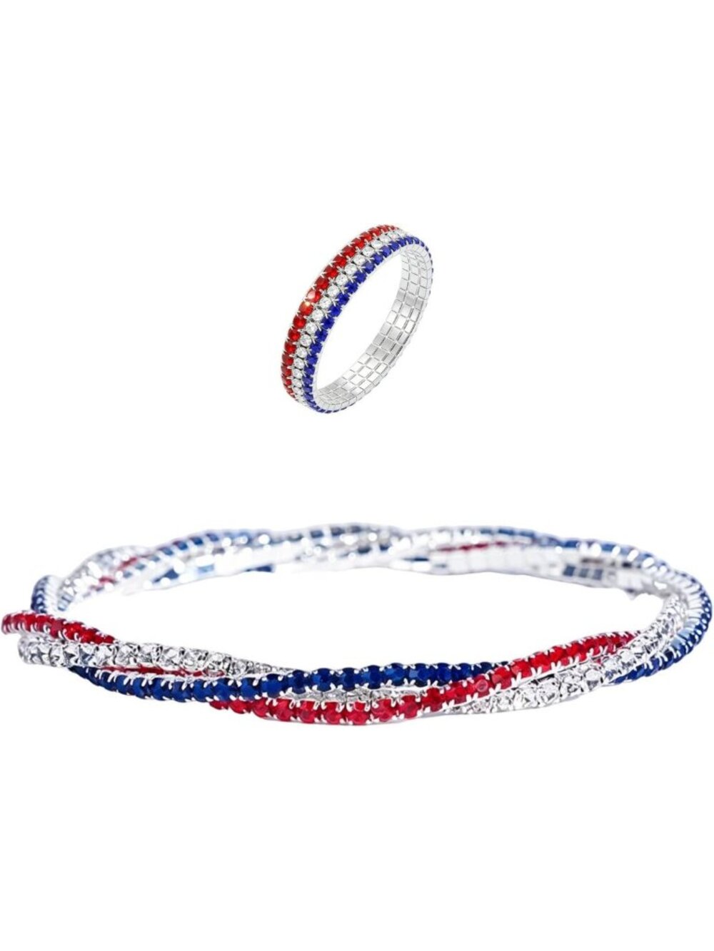 Patriotic Crystal Jewelry Set for Women - Stretchable Bracelet & Ring, 4th of